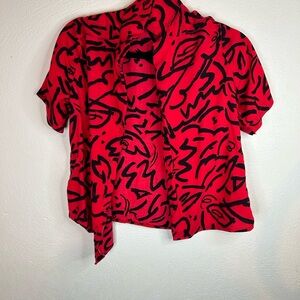Vintage Hot Pursuit Red Black Abstract Scribble Print Rayon Shirt 90s Grunge M